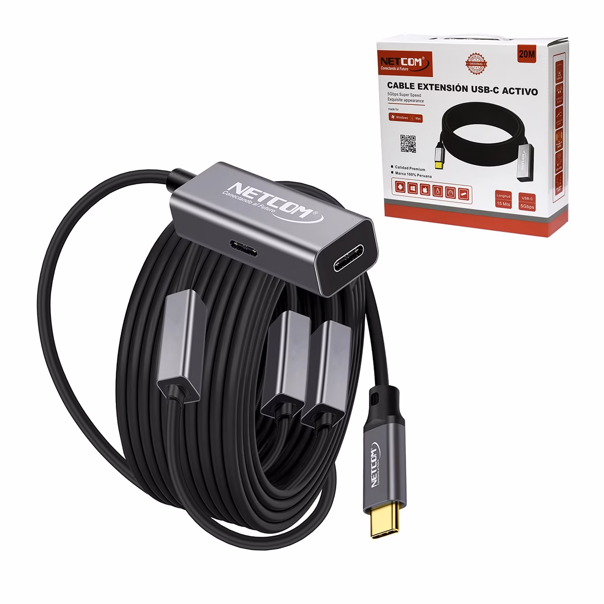 Cable Extensión USB-C 20MT Activo USB-C 3.1 Gen2 100W 5Gbps NETCOM PE-EX0220: Lleva tu Conexión de Datos USB-C a 20 Metros