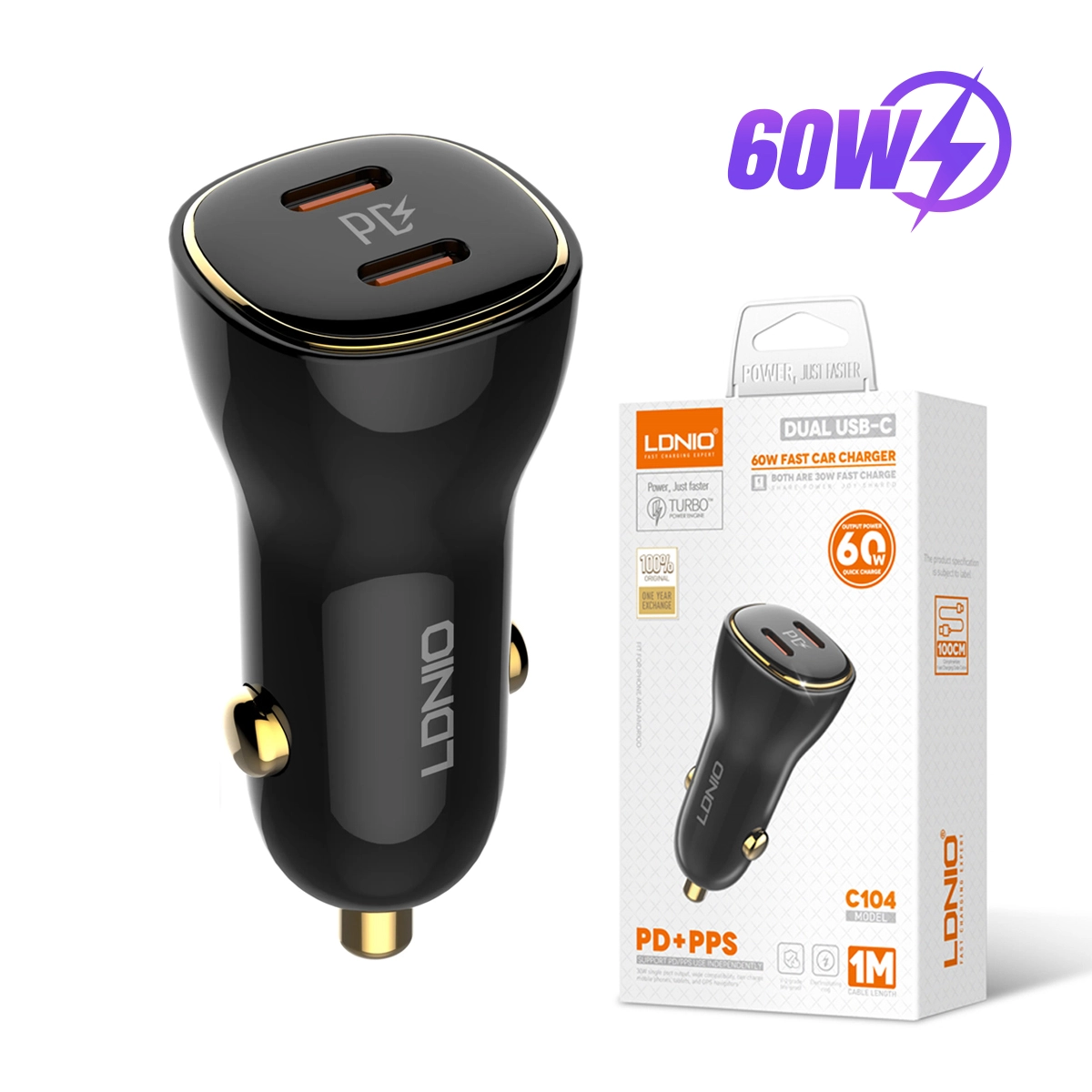 Cargador USB-C para Auto LDNIO C104 | 60W | Doble USB-C: Potencia y Velocidad en Tus Viajes